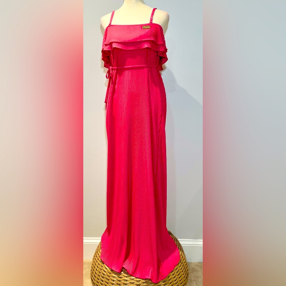 Vintage COOGI Womens Sz Small Hot Pink Maxi Knit Dress Y2K Spaghetti‎ Strap